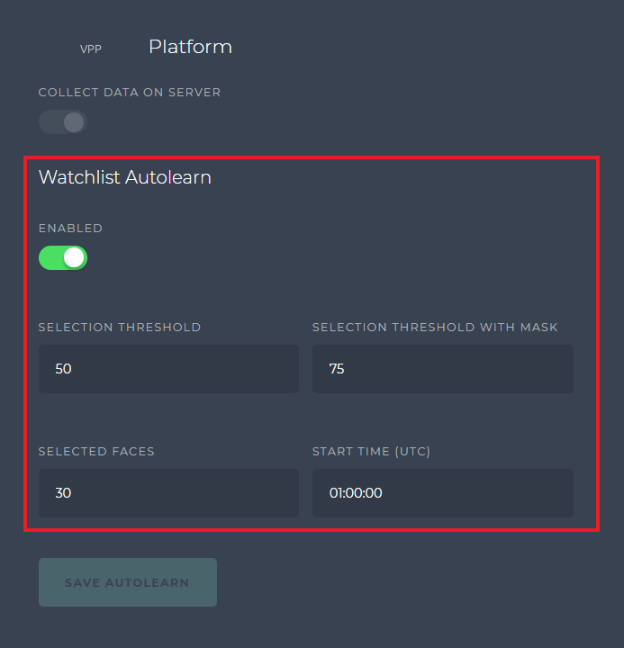 Platform tab with the watchlist autolearn settings
